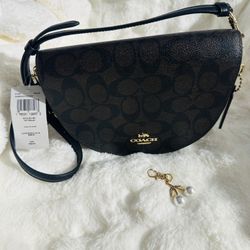 COACH Brown Black Logo Crescent Shoulder Bag With Gold Hardware 