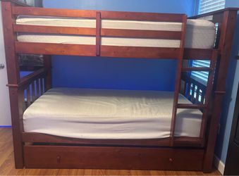 Wood Bunk Bed with Trundle and Mattresses