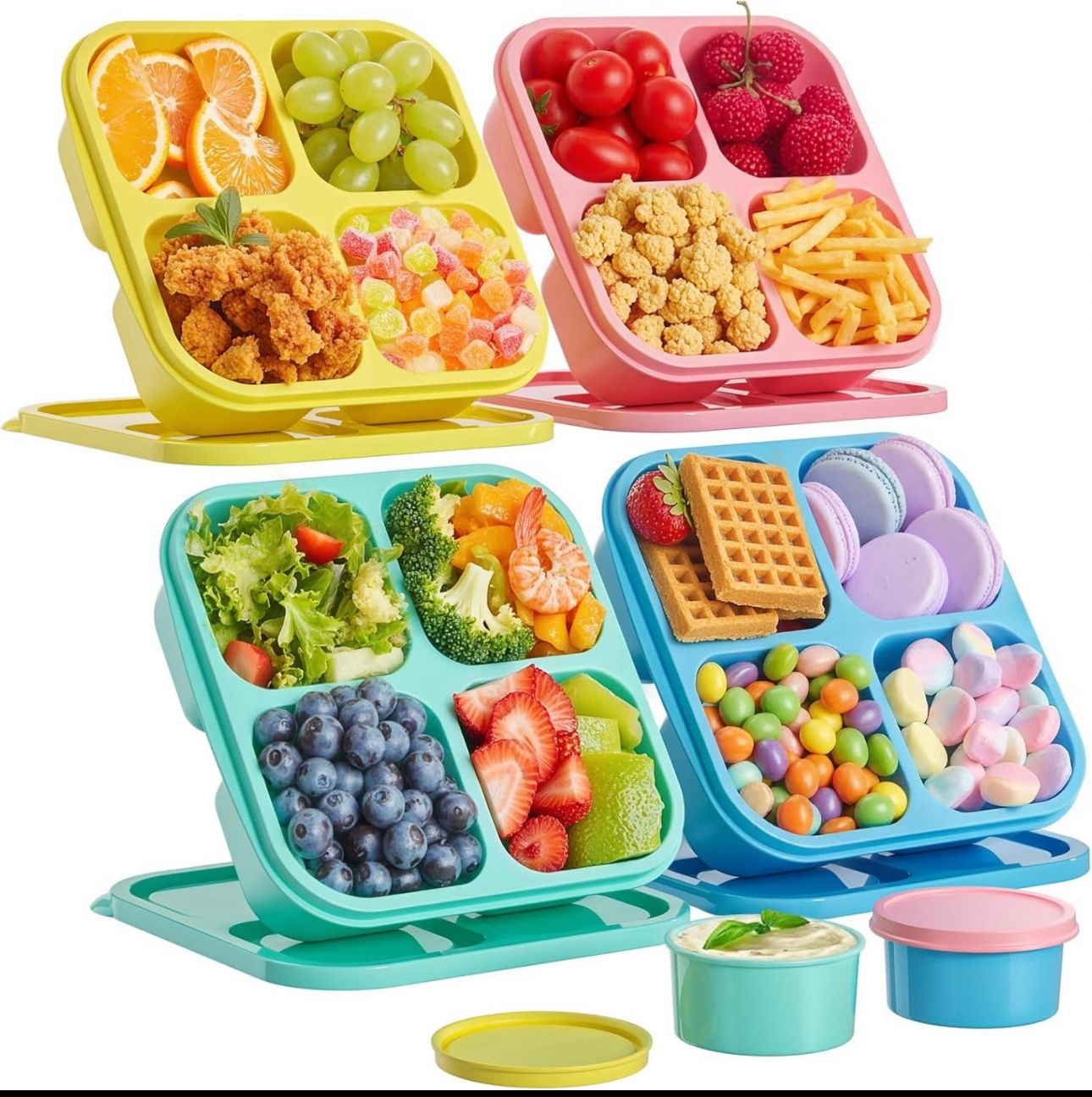 4 Pcs Snack Box Containers Set, Reusable 4 Compartment Lunchable Container