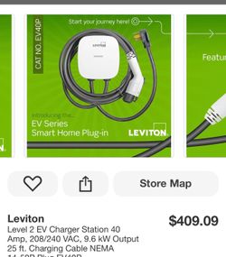 Leviton Level 2 EV Charger Station 40 Amp, 208/240 VAC, 9.6 kW Output 25 ft. Charging Cable NEMA