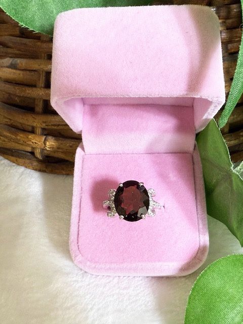 New, Custom Made, Sterling Silver Scrolled Shoulder with a 14x12mm Garnet and cubic zirconium accents, Size