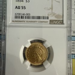 1854 $3 Indian Princess Head GOLD Piece CERTIFIED NGC AU 55