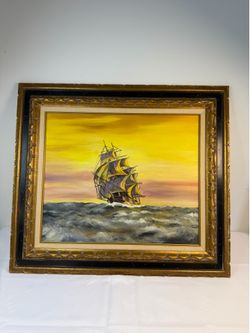 Large Wood Framed Oil Painting signed - Ship at Sea