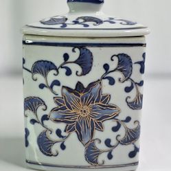 Vintage Cobalt Blue And White Gold Detail Porcelain Jar Canister.
