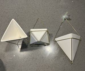 Set of 3 Modern Geometric Wall & Tabletop Planters – White Ceramic with Gold Metal Frames
