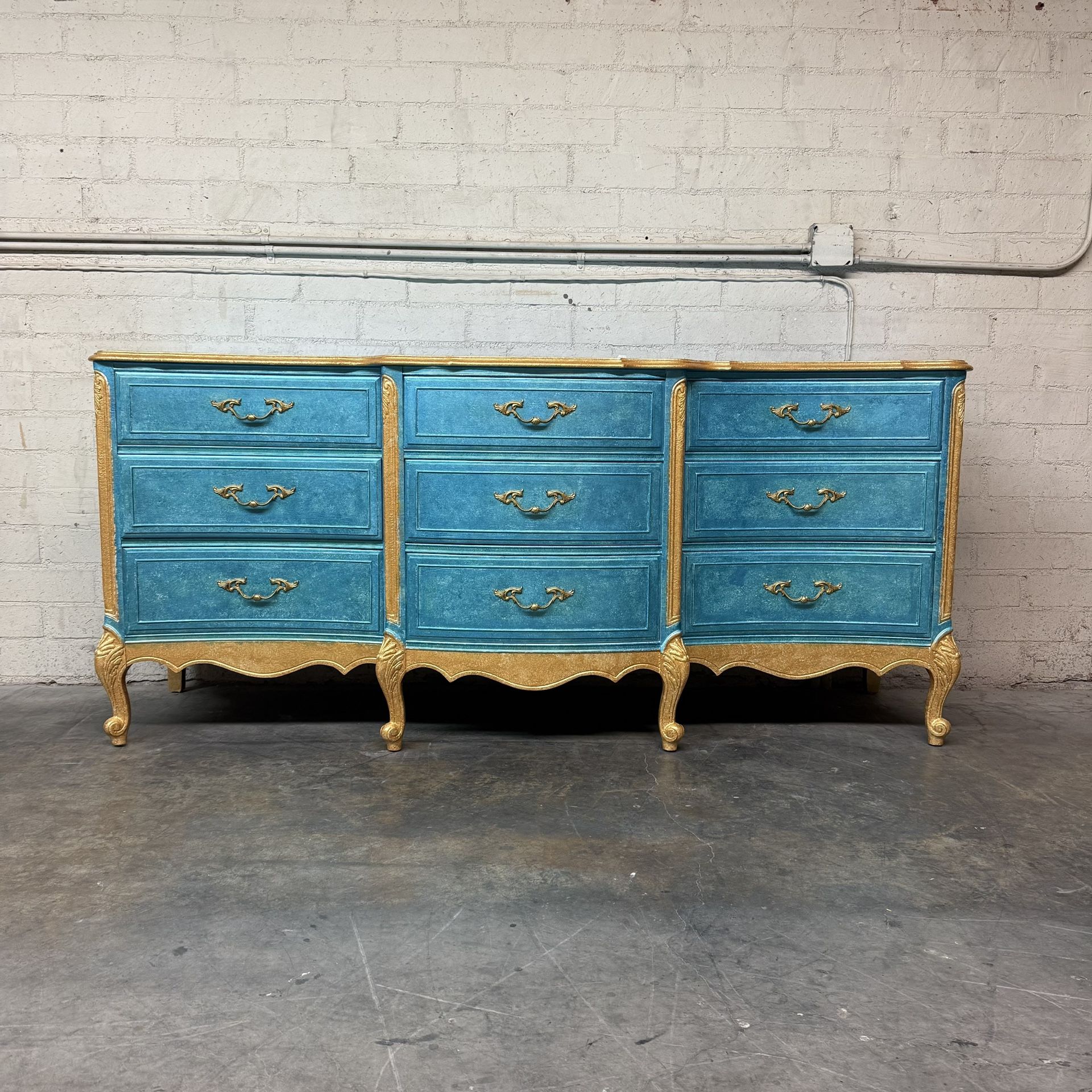 Delivery is available French Provincial Triple Dresser – Hand-Painted Turquoise with Gold Leaf Accents$790 OBO!