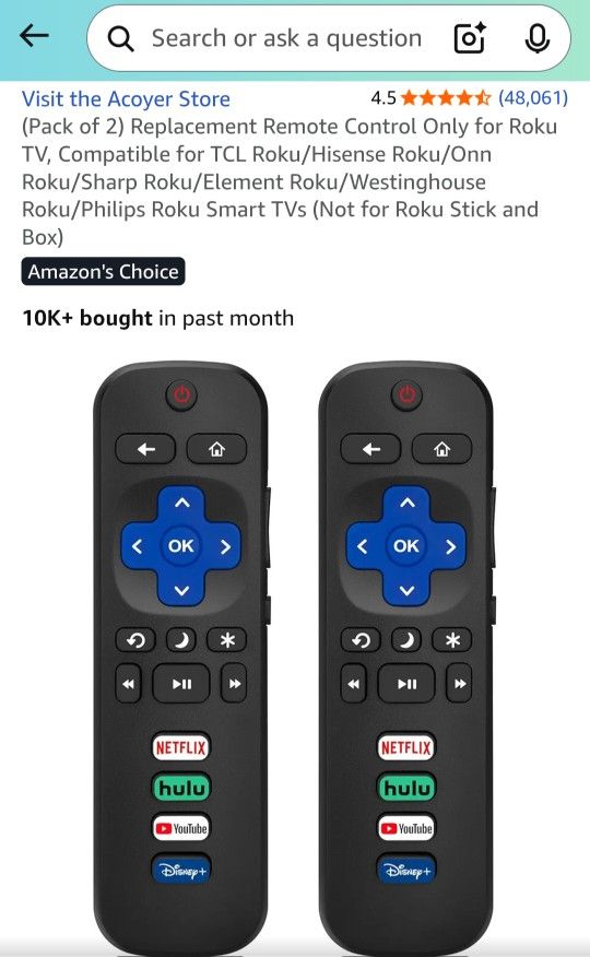 TV Remote Roku **NEW** Acoyer Brand