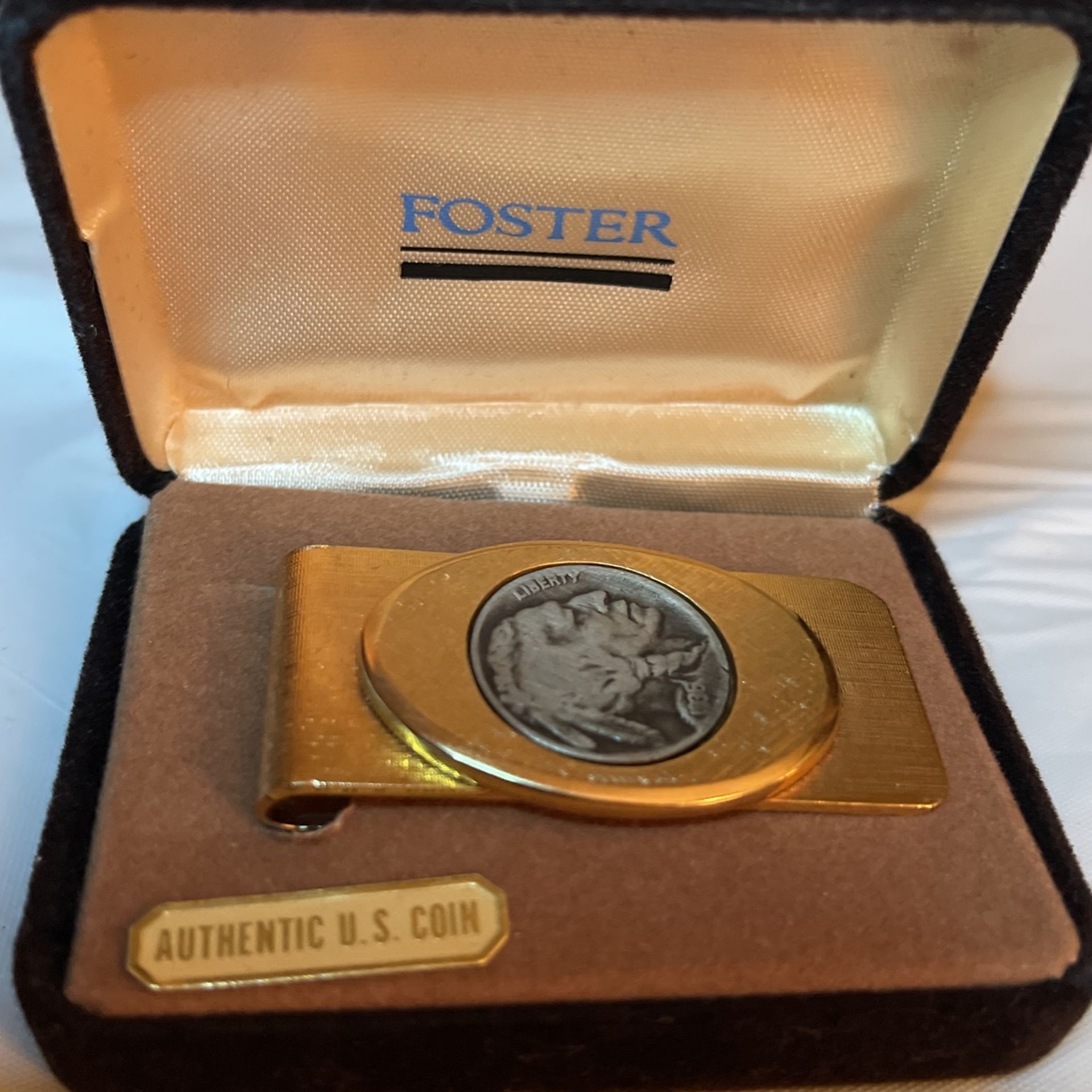 Foster Classic Gold Filled Finish Authentic Antique U.S. Buffalo Nickel Money Clip 2.2"x1" Surgical Stainless Steel w/ Velvet Gift Box