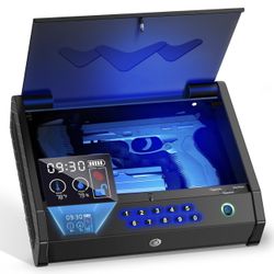 Gun Safe, Biometric Gun Safes for Handgun with LCD of Temp Humidity Battery, USB-C Port, Fingerprint Quick Access Pistol Safe for Home Bedside Nightst