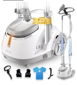 GARMENT STEAMER SALAV GS45-DJ Professional Upright Garment Steamer with Roll Wheels, Multi-Function Extra Wide Hanger, Fabric Brush & Mini Ironing Pad