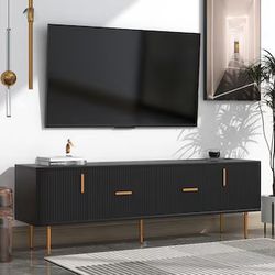 67” Black Mid-Century Modern TV Stand w/ Storage & Gold Trim [NEW] Retails For $367+