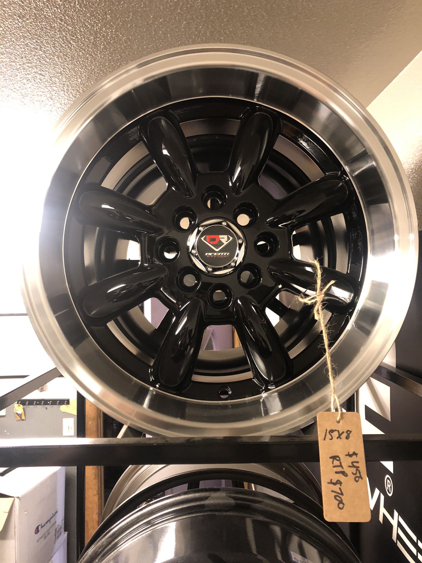 BRAND NEW set (4) Black and machined lip 15 inch rims for only$450!!!