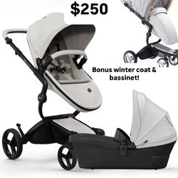 ✨ Mima Xari Max Stroller + Bassinet + Winter Outfit - Snow White - $250 ✨