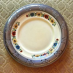1940s “Golden Maize” Plate Made By Sebring Pottery Co. for Farberware Aluminum Frame 11.5" Diameter