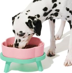 Elevated Dog Bowls Large Breed, 40OZ Ceramic Raised Dog Bowl with Bamboo Stand, Flower-Shaped Food Water Bowl Feeding Dish Bowls for Medium/Large Dogs