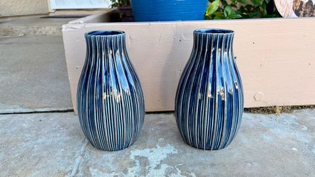 Pair of Blue Striped Ceramic Vases