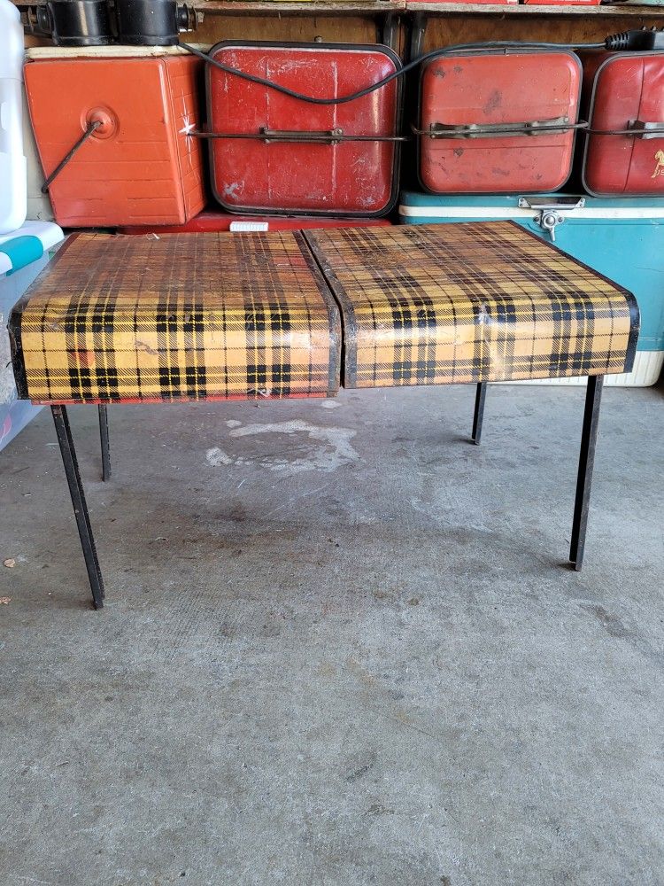 vintage antique folding suitcase luggage plaid picnic picni-table