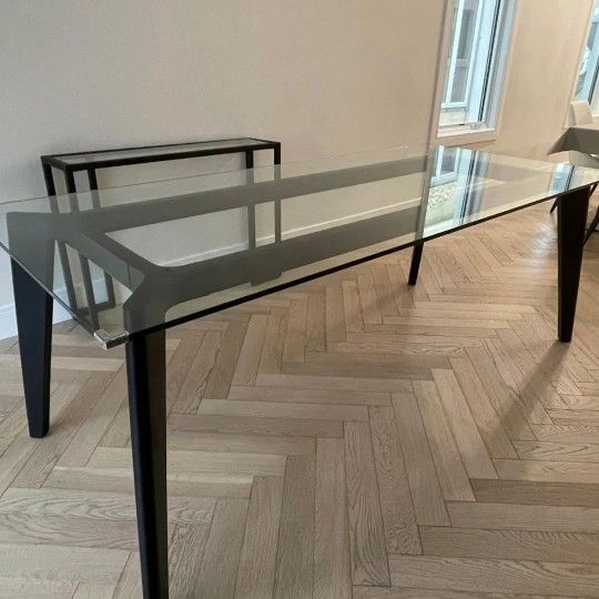 CB2 Harper Glass Dining Table w/ Black Steel Base