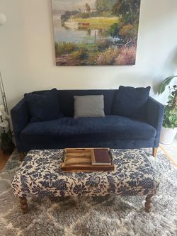 Navy Blue Velvet Sofa with Wood Legs