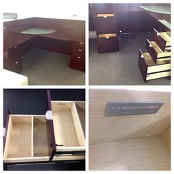 Reception desk, commercial grade L shape by cherryman with five drawers and a frosted glass counter top in great condition