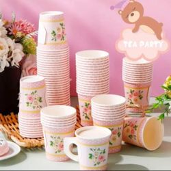 130 Pcs Floral Paper Tea Cups 7 Oz Disposable Tea Cups With Handle Vintage Floral Design Pink