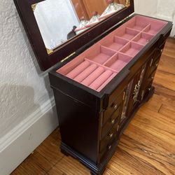 Jewelry Box Cherry Wood w/Etched Rose Armoire-Style Doors