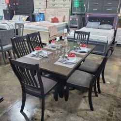 7-Pcs Solid Wood Dining Set with Table Storage, Dark Brown, 2 Tone Finish Color, SKU#10F2438