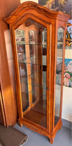Oak Curio Cabinet with 4 Glass Shelves