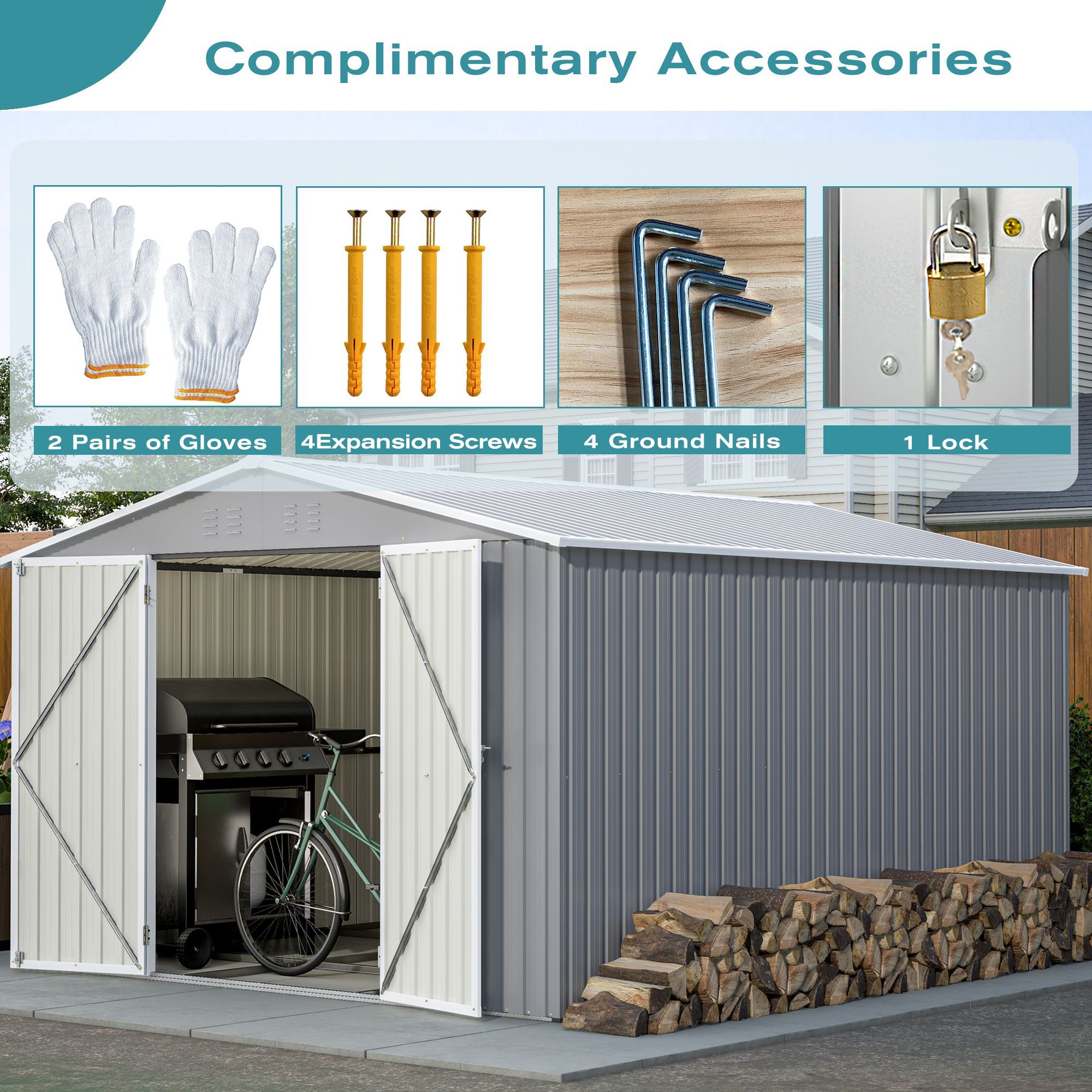10 x 12 ft. Outdoor Storage Shed with Floor Frame Kit, Galvanized Steel Garden Shed, Metal ShedsGarden Tool Shed with Double Lockable Doors for Backya