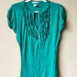Vintage Y2K Forest Green Ruffles Short Sleeve T Tee Shirt Top Blouse Women's Size L Large 