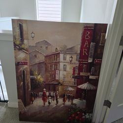 Large European Street Scene Canvas Painting