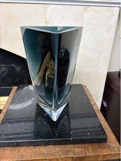 Art glass smoky blue triangular vase 1980 LSA Poland 8.5”