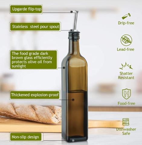 17oz Glass Olive Oil Bottle - 500ml Dark Brown Oil & Vinegar Cruet with Pourers and Funnel - Olive Oil Carafe Decanter for Kitchen