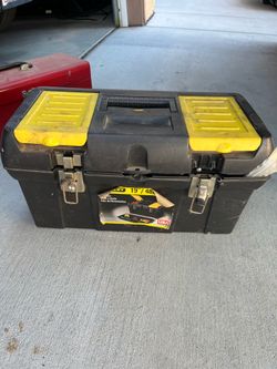 Husky hand toolbox with miscellaneous parts and tools