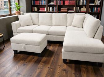 Brand New Ivory Corduroy Sectional Sofa +Storage Ottoman (New In Box)