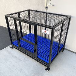 New $170 Folding Dog Cage 43x30x34” Heavy Duty Single Door Kennel w/ Plastic Tray 