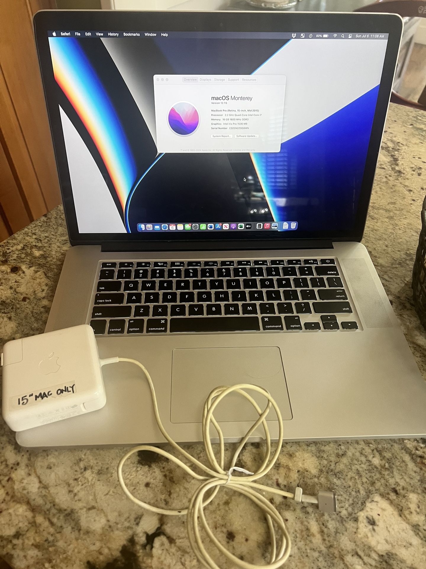 2015 MacBook 15” 16GB w PowerCord