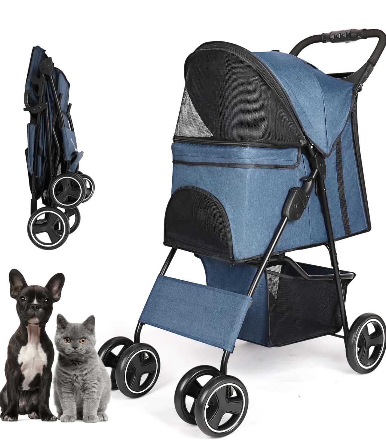 Pet Dog Stroller, Four Wheels Cat Dog Stroller with Storage Basket, Handle 360° Front Wheel Rear Wheel with Brake for Small Medium Dogs Cats Travel Fo