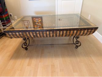Unique Designer Coffee Table – Glass Top, Wood & Wrought Iron