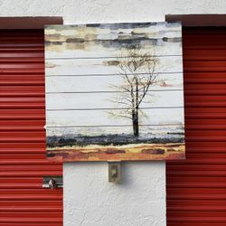 Parvez Taj 'Lone Tree' Wood Plank Painting 32 x 32