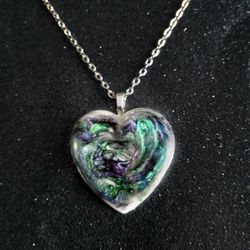 Blue purple green color shift swirl heart pendant on silver necklace new resin 