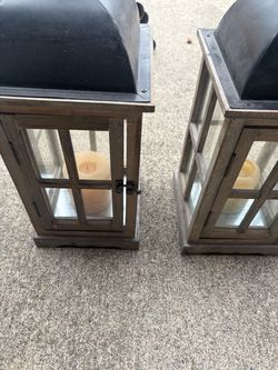 Rustic Farmhouse Wood & Glass Candle Lantern – Black Metal Top
