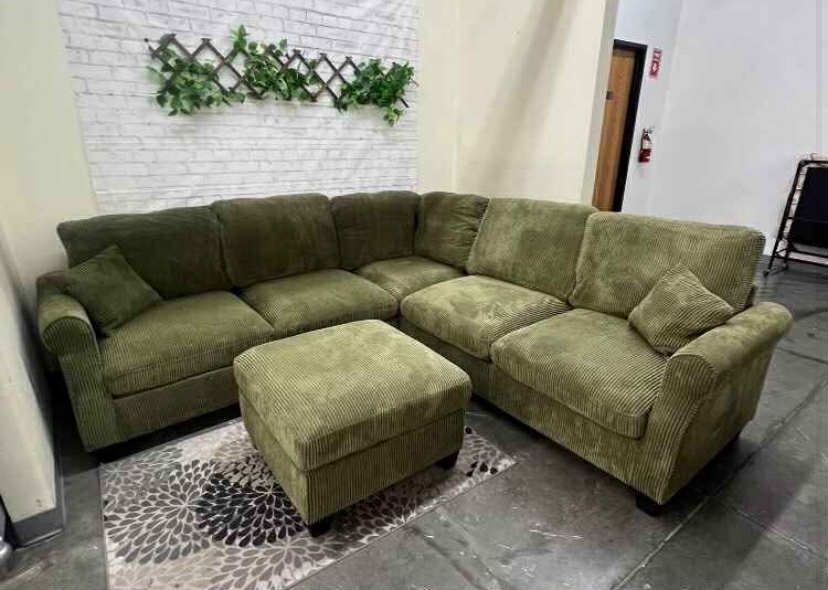 New 99x99 Sage Corduroy Sectional Couch / Free Delivery 