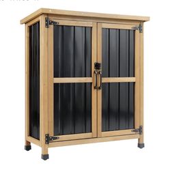 Wood & Metal Outdoor Storage Cabinet with Waterproof Roof, Garden Tool Shed with 4 T-Hinge, 4 Adjustable feet and Magnetic Door, 2 Removable Shelves, 