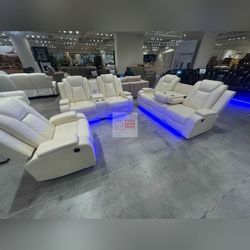 White 3pc Power Recliner Sofa With LED and Cup Holder 