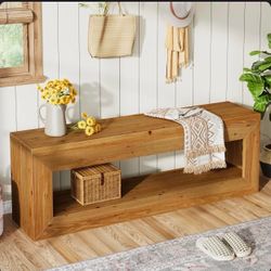 47" Farmhouse Entryway Bench, Solid Wood Indoor Bench Seat With Storage Light Brown