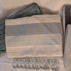 Bathroom Shower Curtain w Hooks Rug HandTowels 