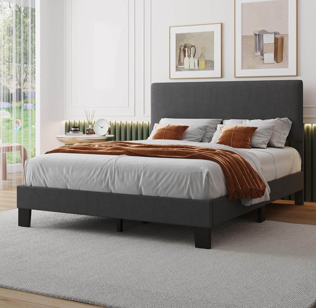 Queen Bed Frame In Box New Dark Grey Fabric