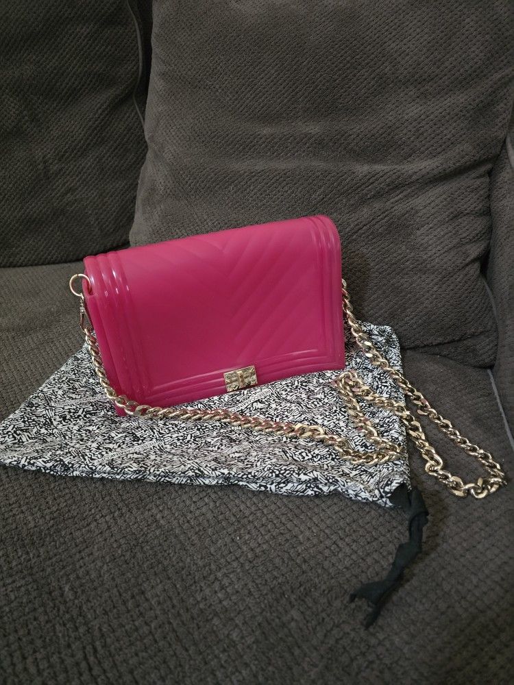 Life Size Barbie Purse Rebecca Minkoff pink Hard Plastic purse gold chain
