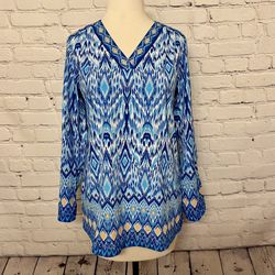 Belle by Kim Gravel Ikat Print Stretch V Neck Blouse Turquoise Size XXS New